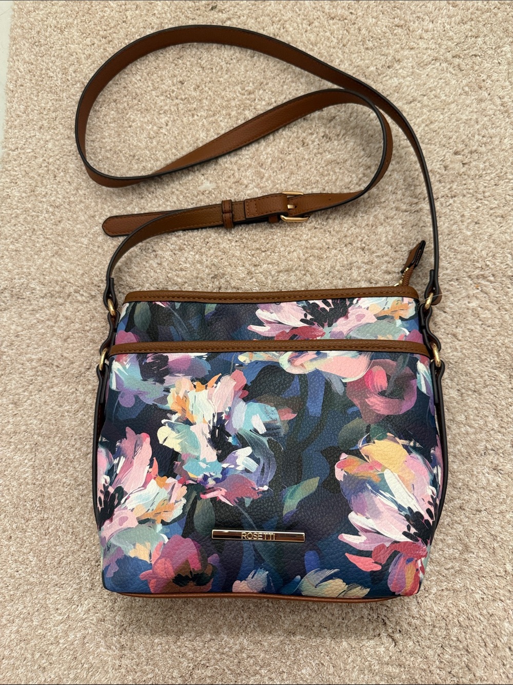 Rosetti Brown-Trim Floral Crossbody Bag in Pink, Blue & Cream